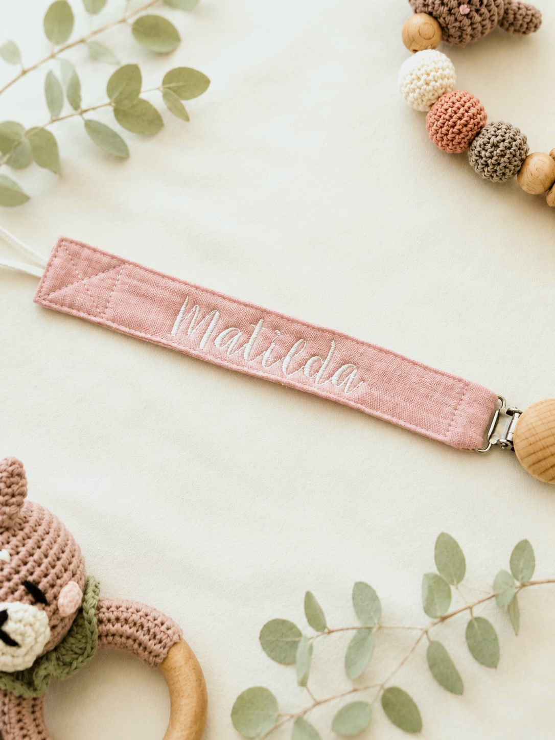 Cotton Pacifier Clip - Pink